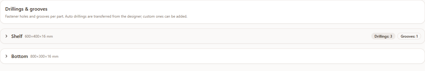 The parts list on the Drillings step in Raspili cutting