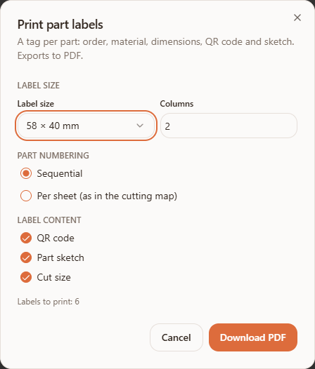 The Print part labels dialog in Raspili cutting
