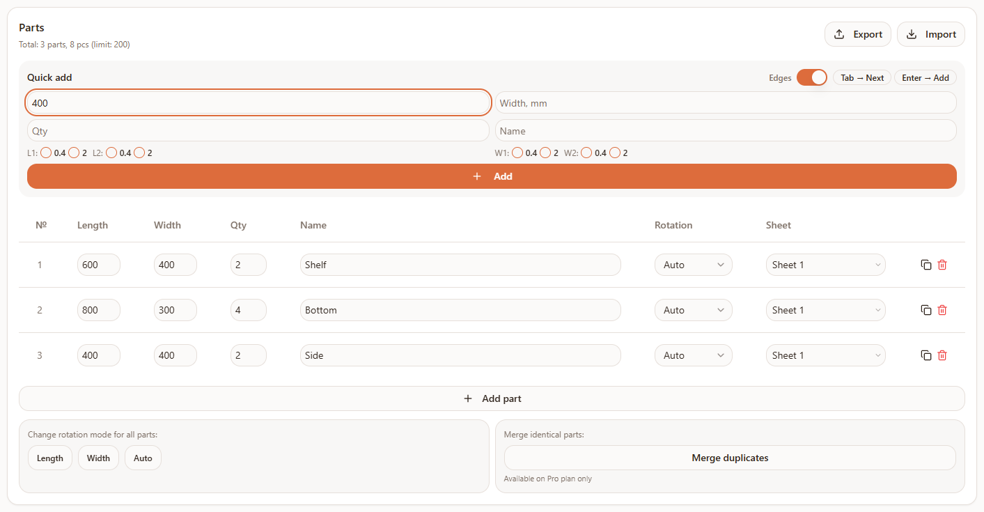 The Parts step with quick add and the parts table in Raspili cutting
