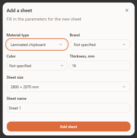 The Add a sheet dialog in Raspili cutting