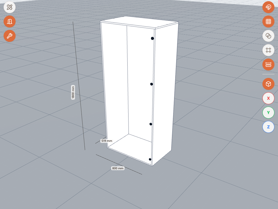 Hidden facades reveal a cabinet's internal shelves in the Raspili 3D designer