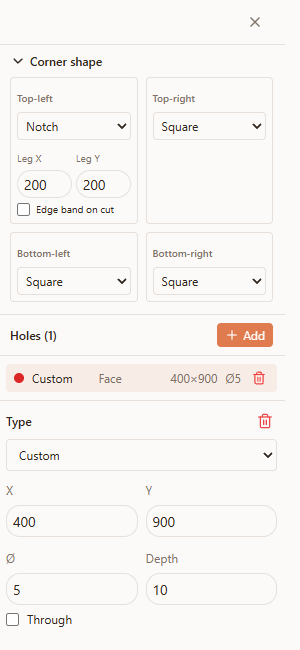 Hole list and hole editor in the part detail view