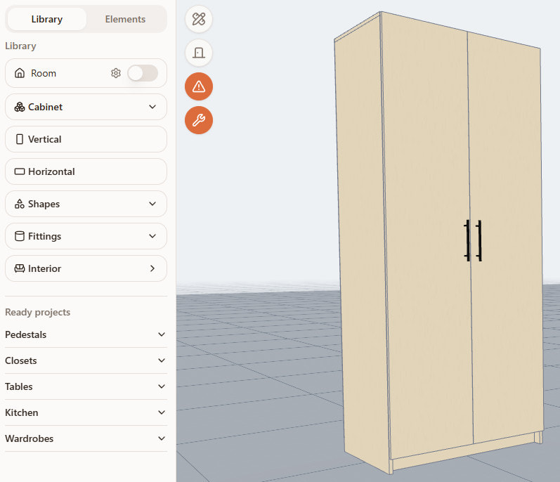 A wardrobe project in the cabinet furniture design software: 3D model with the element library