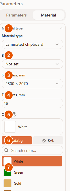 The Material tab in the Raspili 3D designer