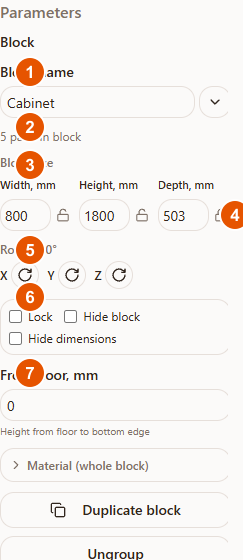 The Parameters panel for a block in the Raspili 3D designer