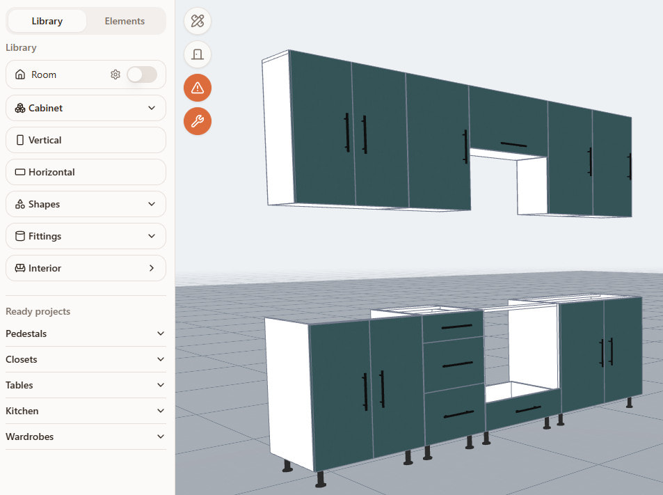 A kitchen project in the furniture creation software: 3D scene with the element library panel