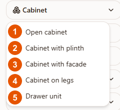 Five cabinet variants in the Raspili 3D designer