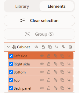 The Elements tab — scene object tree in the Raspili 3D designer