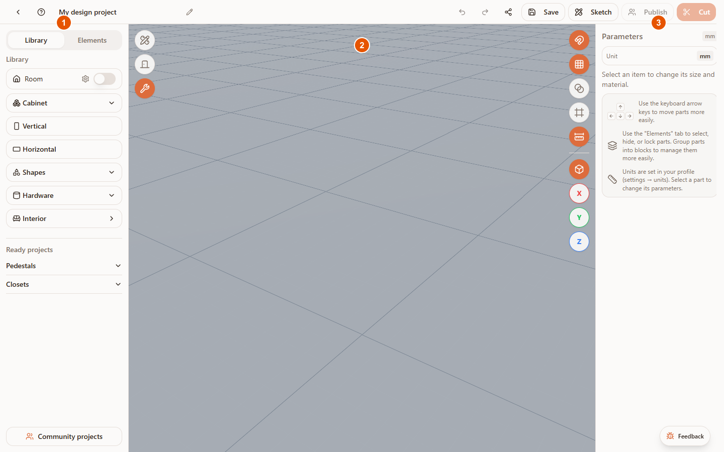 Three zones of the Raspili 3D designer screen
