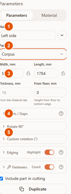 The Parameters panel for a single part in the Raspili 3D designer