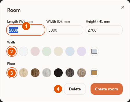 Room settings dialog in the Raspili 3D designer