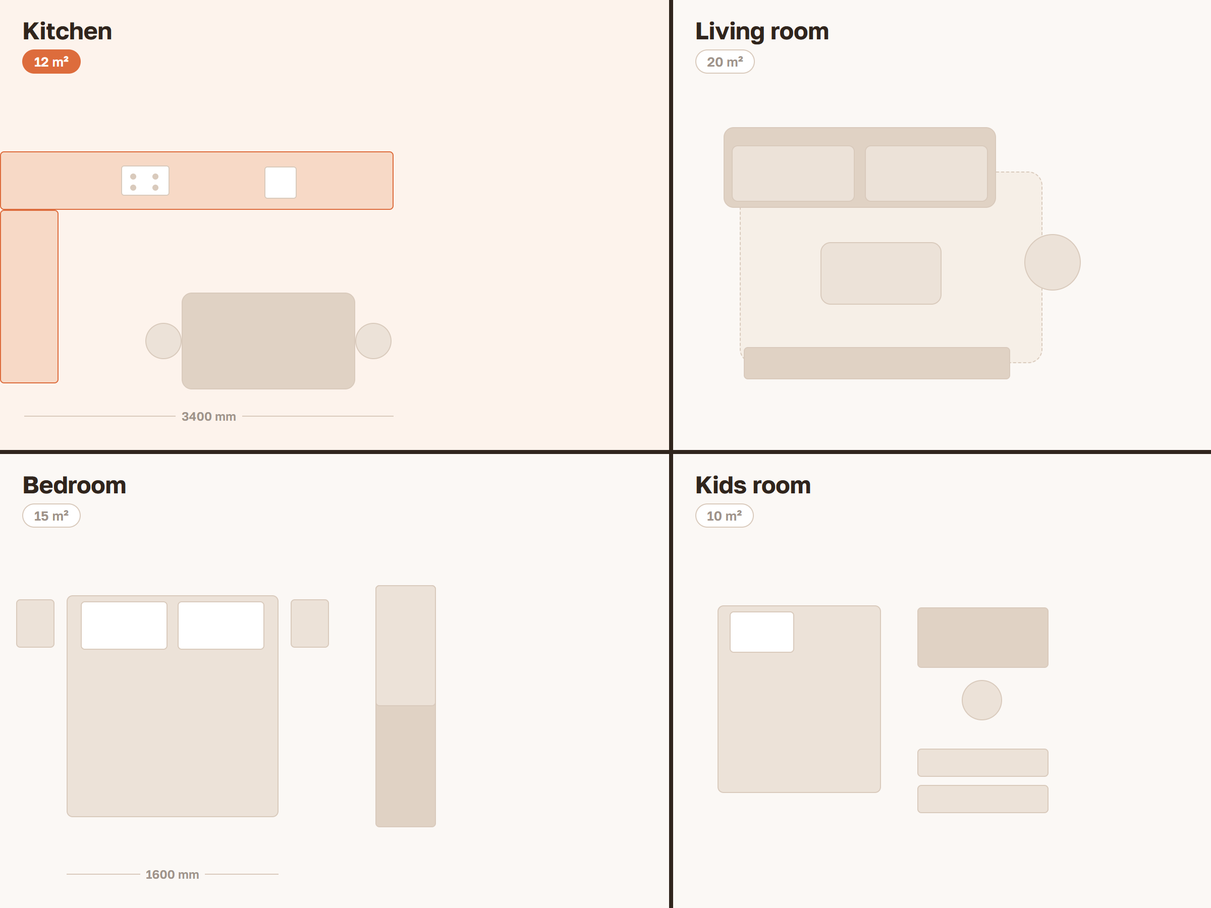 Apartment plan: kitchen, living room, bedroom and kids room, each as its own project