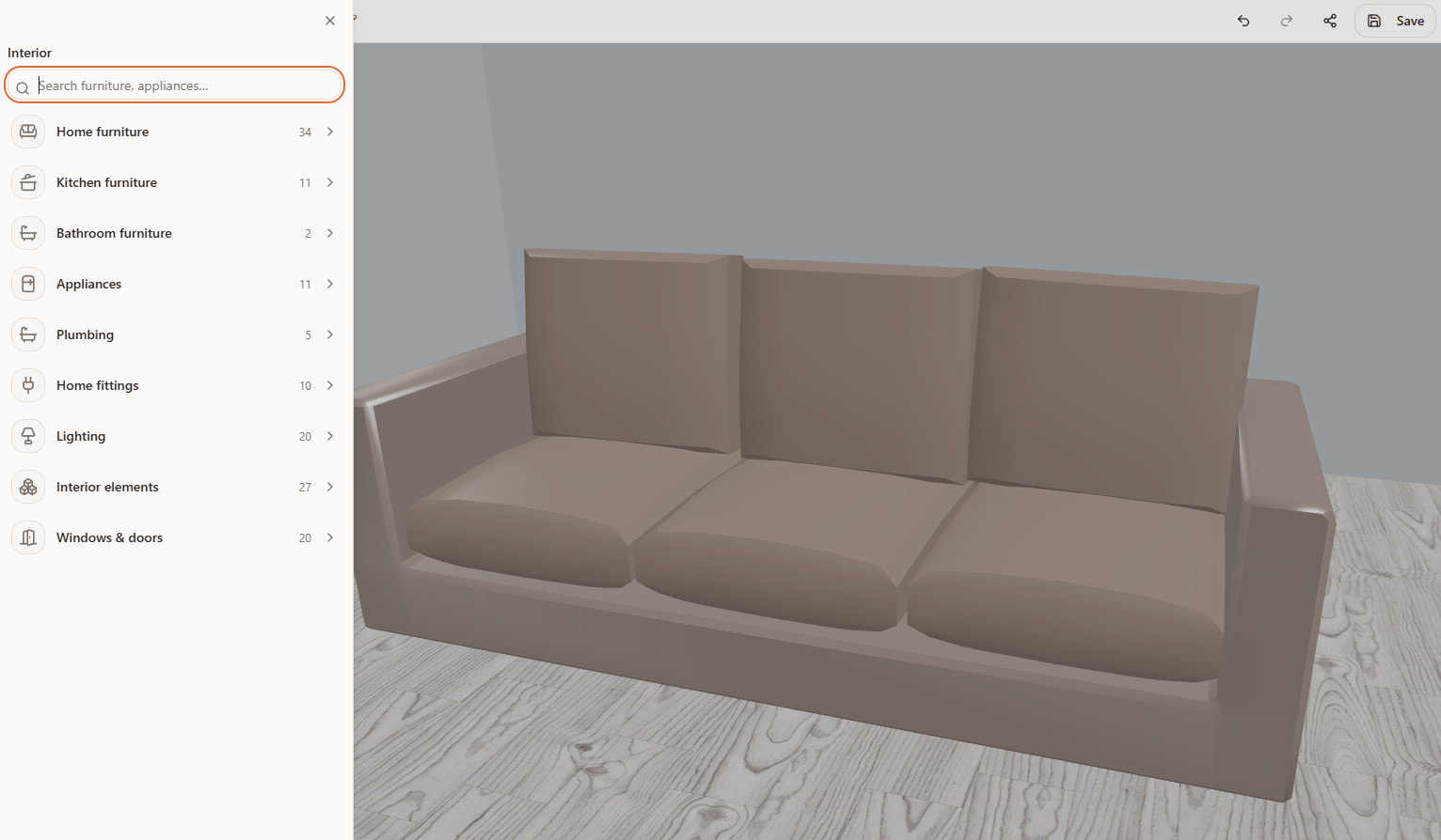Furniture catalog open next to the 3D room scene